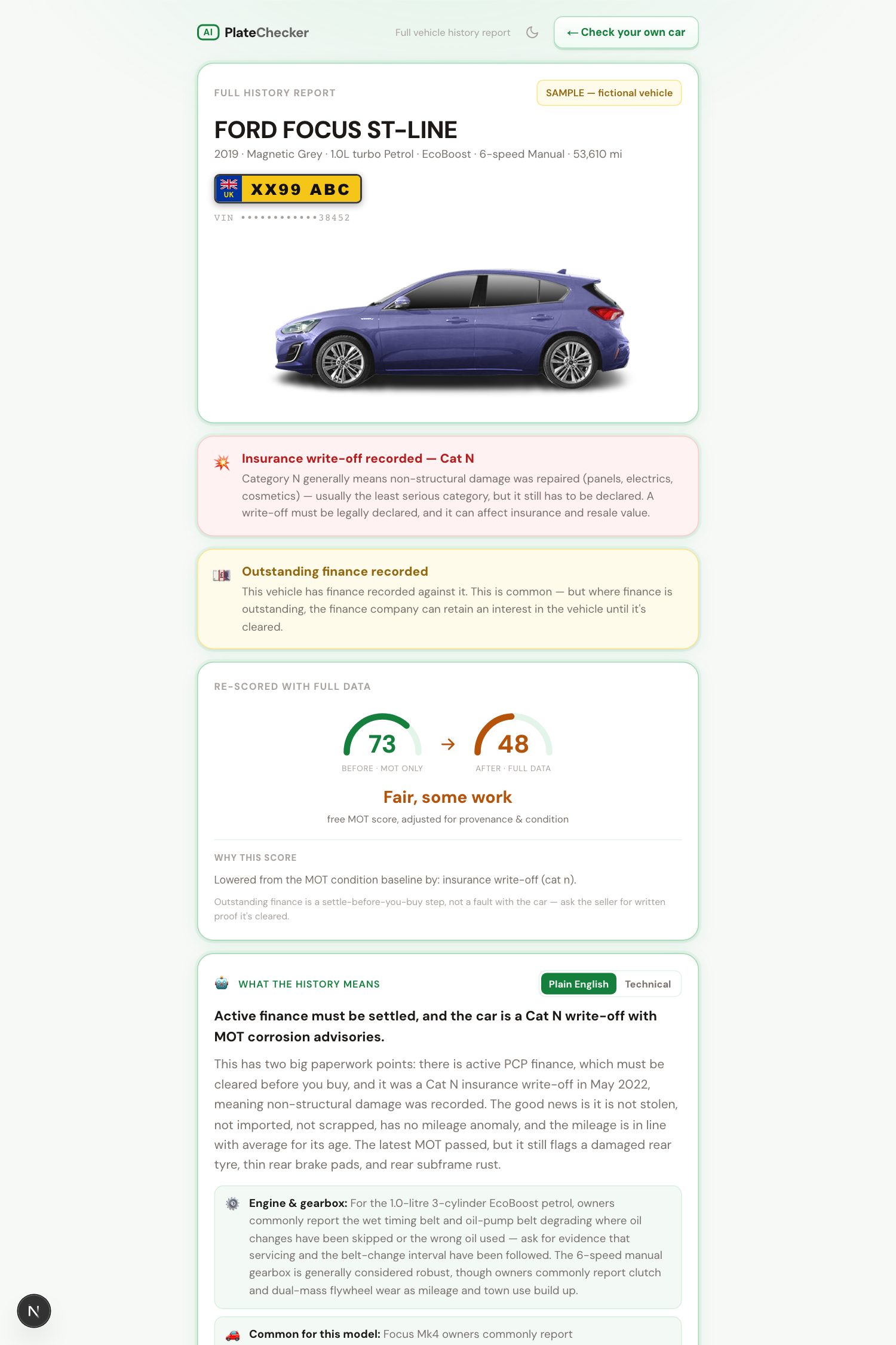 The top of the sample Full History Report: the verdict, the AI condition score, and the record checks for an example Ford Focus
